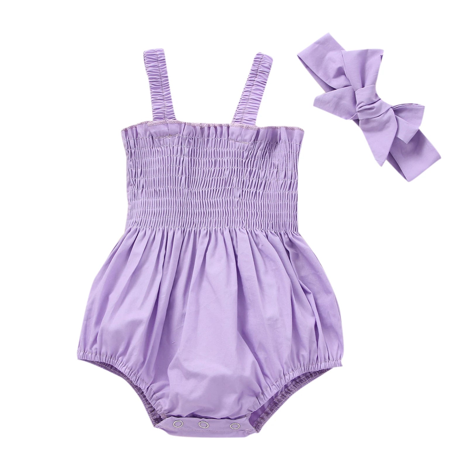 Infant Baby Girls 2Pcs Summer Outfits, Sleeveless Frill Smocked Strap Romper with Headband Set