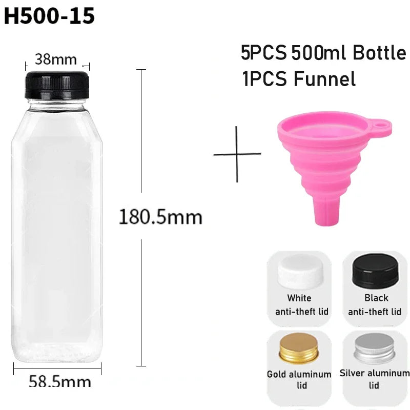 5pcs 60ML-500ML Empty Clear Plastic Juice Bottles with Caps W/ Funnel Reusable Water Bottle Containers for DIY Juicing Smoothie