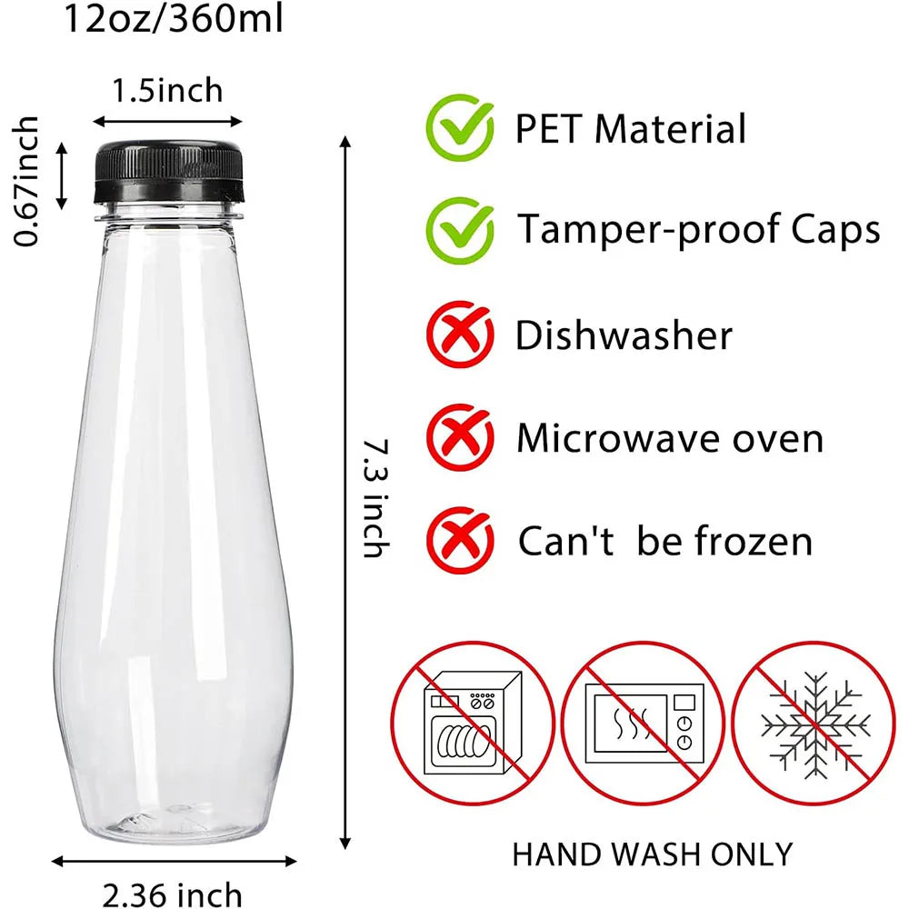 12oz Empty Plastic Juice Bottles with Caps, Cone Reusable Clear Bulk Beverage Containers for Juicing,Drinking,Milkshake,Tea
