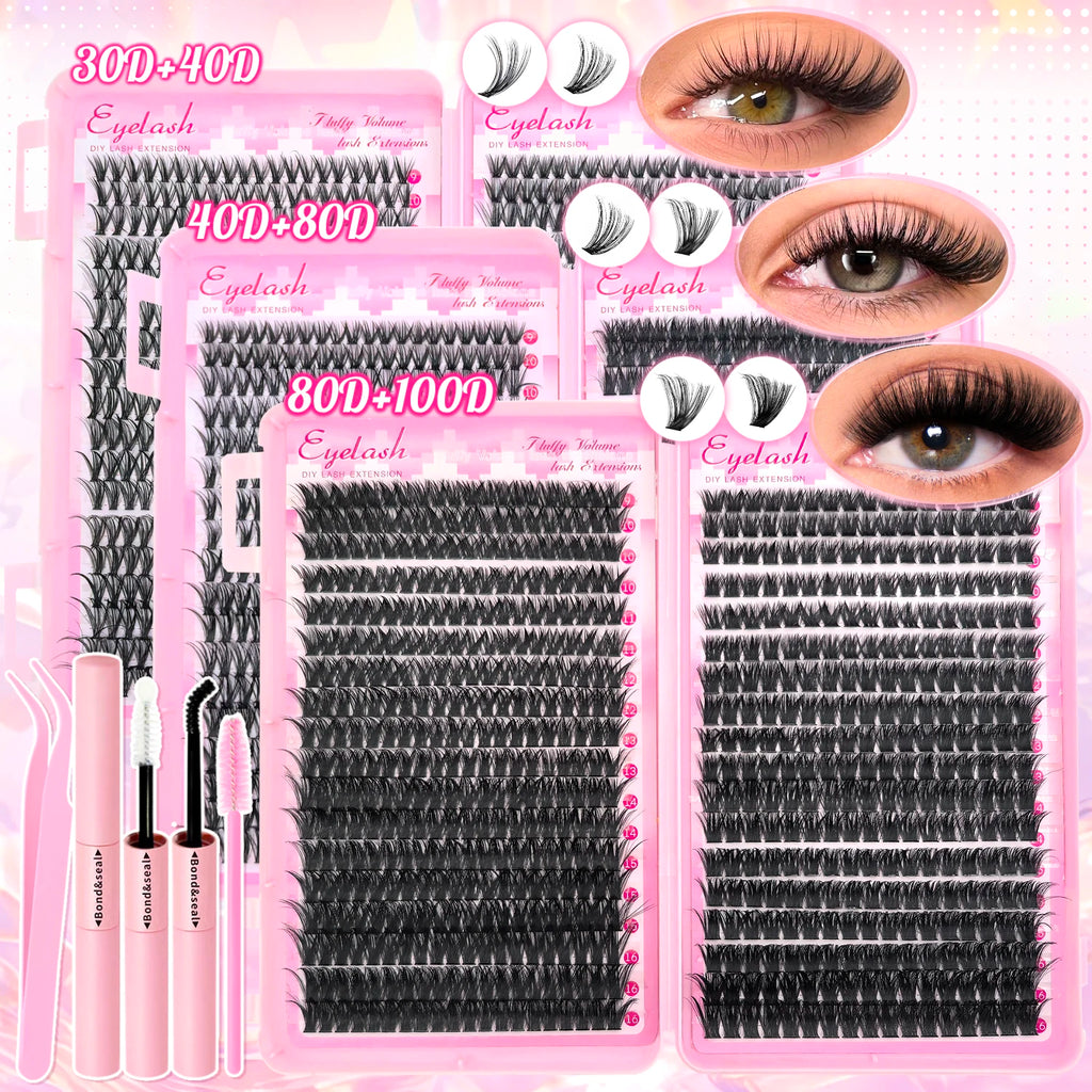 DIY Lash Extension Kit Clusters Individual Eyelashes Kit 9-16mm with Bond and Seal Wispy Natural Mange Lashes