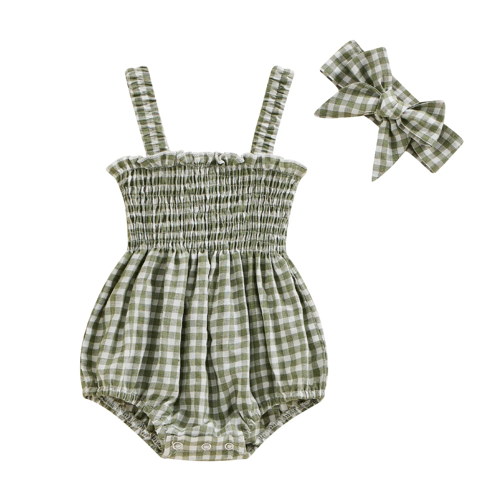 Infant Baby Girls 2Pcs Summer Outfits, Sleeveless Frill Smocked Strap Romper with Headband Set