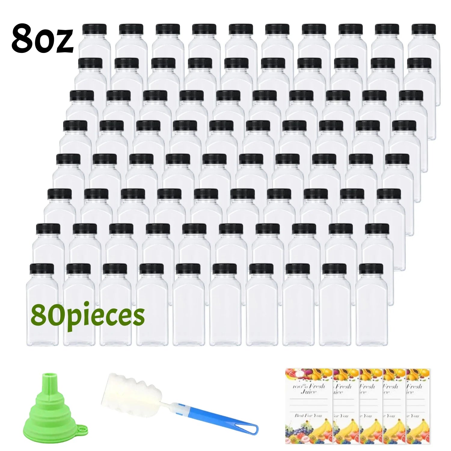 20-80pcs Plastic Juice Bottles 8/12oz Reusable Juice Bottles with Caps & Labels, Funnel, Brush ,Containers for Juicing Smoothies