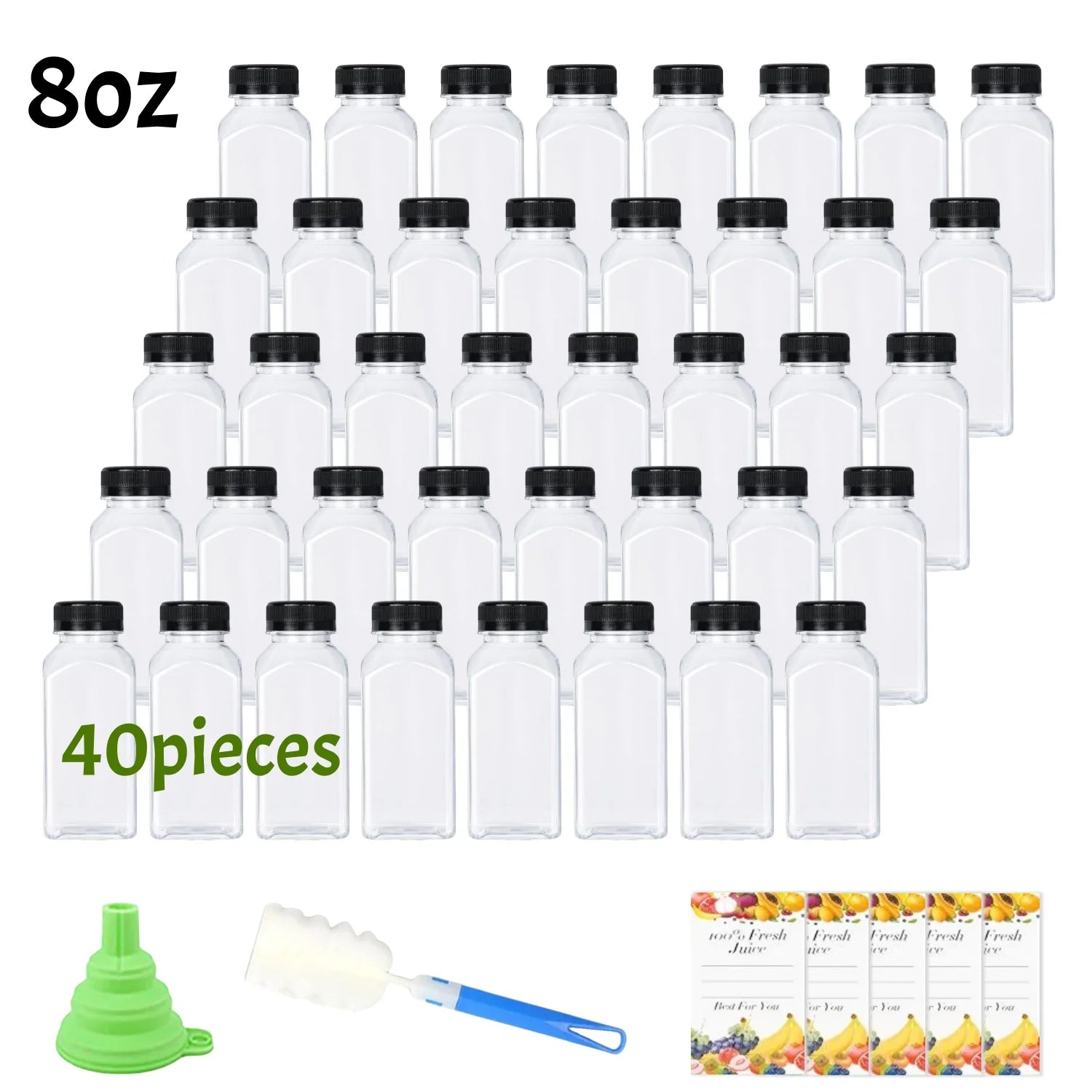 20-80pcs Plastic Juice Bottles 8/12oz Reusable Juice Bottles with Caps & Labels, Funnel, Brush ,Containers for Juicing Smoothies
