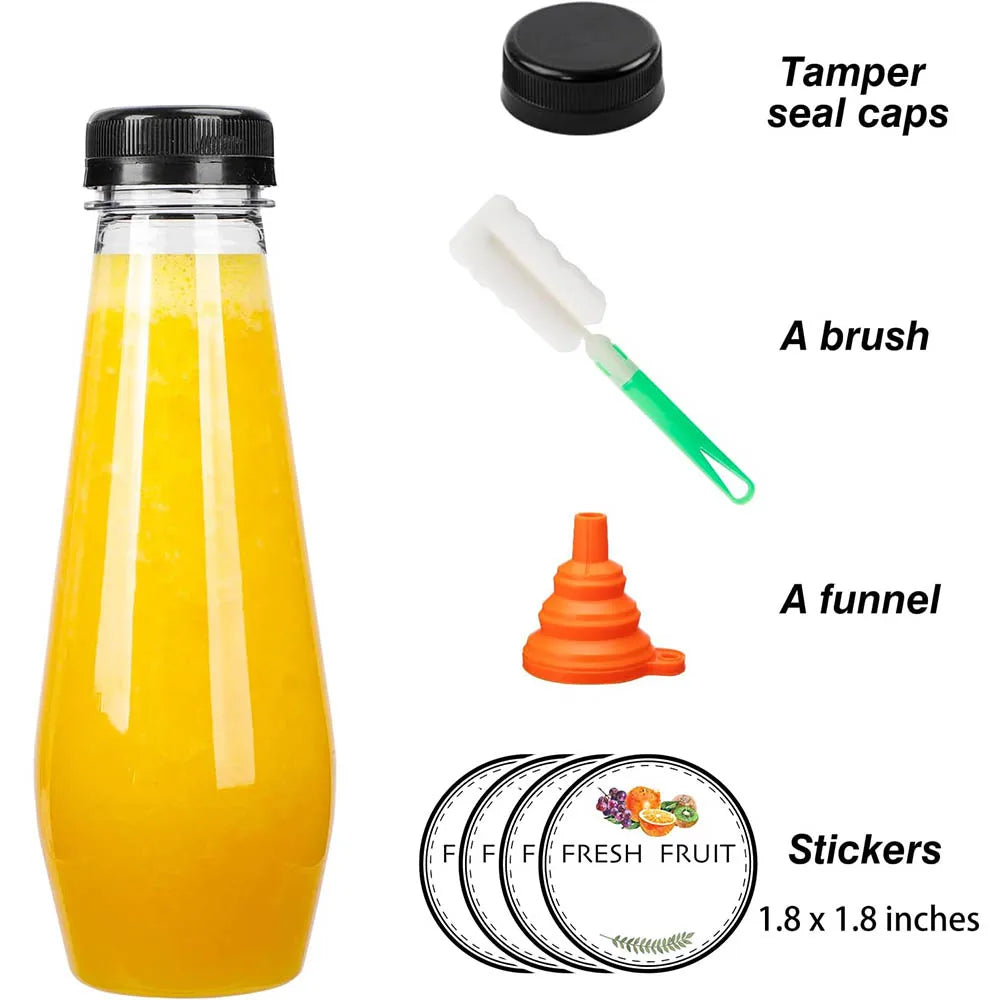 12oz Empty Plastic Juice Bottles with Caps, Cone Reusable Clear Bulk Beverage Containers for Juicing,Drinking,Milkshake,Tea