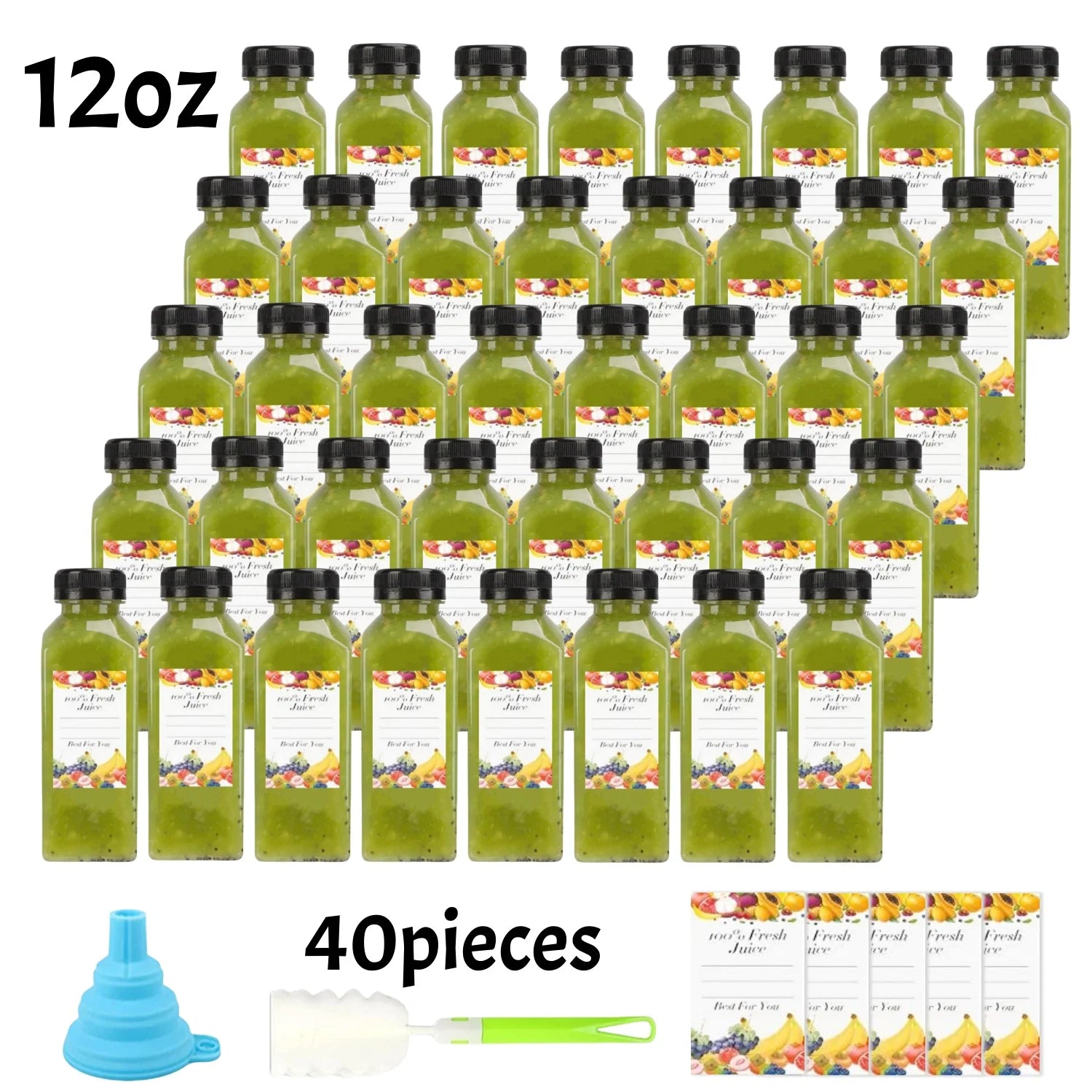 20-80pcs Plastic Juice Bottles 8/12oz Reusable Juice Bottles with Caps & Labels, Funnel, Brush ,Containers for Juicing Smoothies