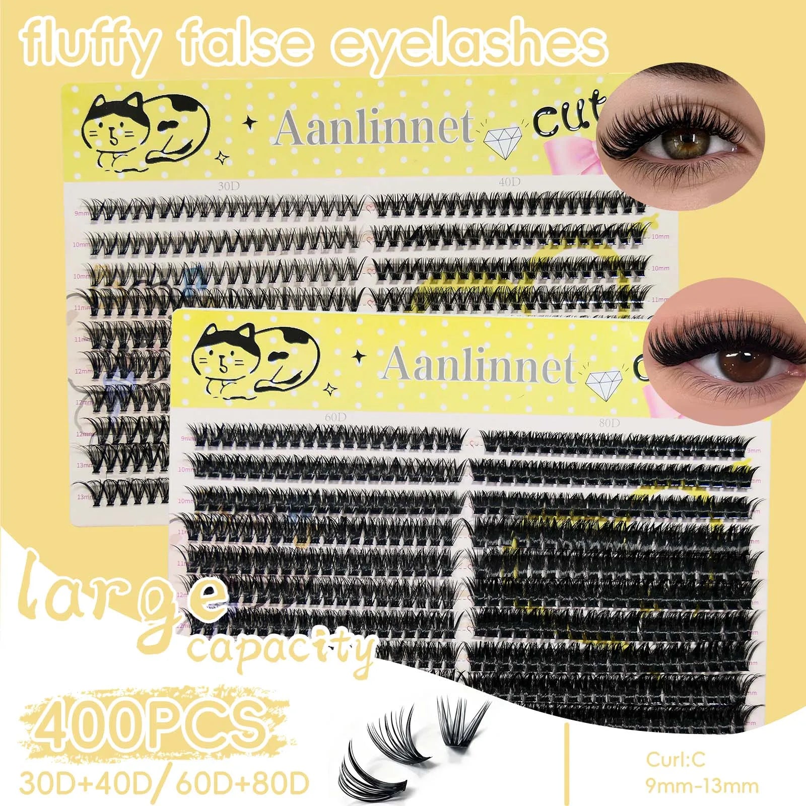 Natural Soft and Slim Eyelashes, 20 Rows, 400 Clusters, Large Capacity, Reusable, DIY Makeup, False Eyelashes