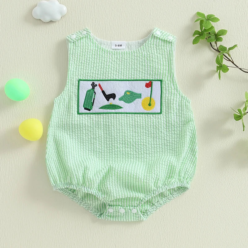 0-18M Infant Baby Boy Summer Outfits Newborn Sleeveless Smocked Bubble Romper Golf Clothes
