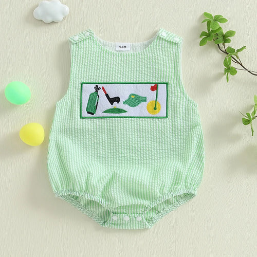 0-18M Infant Baby Boy Summer Outfits Newborn Sleeveless Smocked Bubble Romper Golf Clothes