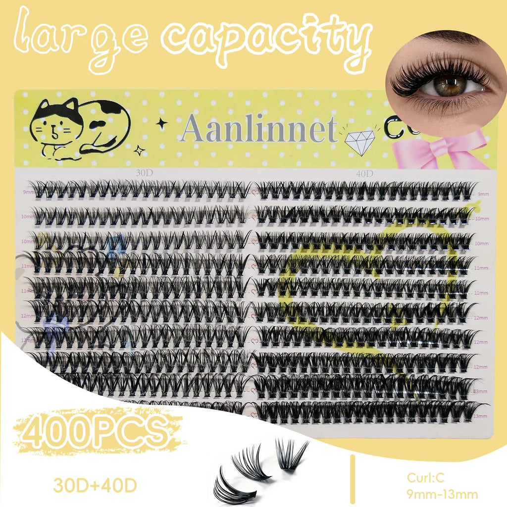 Natural Soft and Slim Eyelashes, 20 Rows, 400 Clusters, Large Capacity, Reusable, DIY Makeup, False Eyelashes