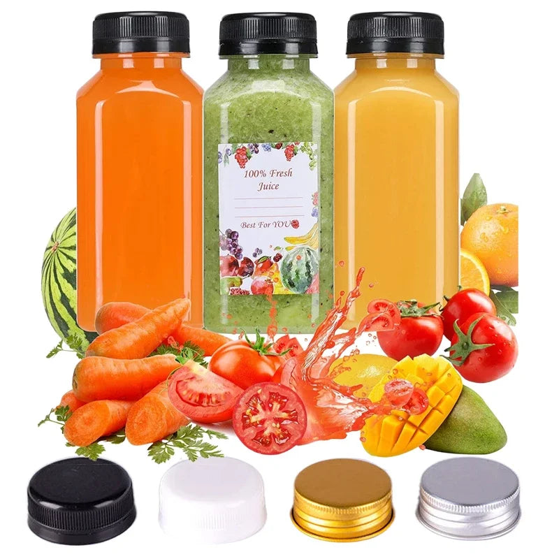 5pcs 60ML-500ML Empty Clear Plastic Juice Bottles with Caps W/ Funnel Reusable Water Bottle Containers for DIY Juicing Smoothie