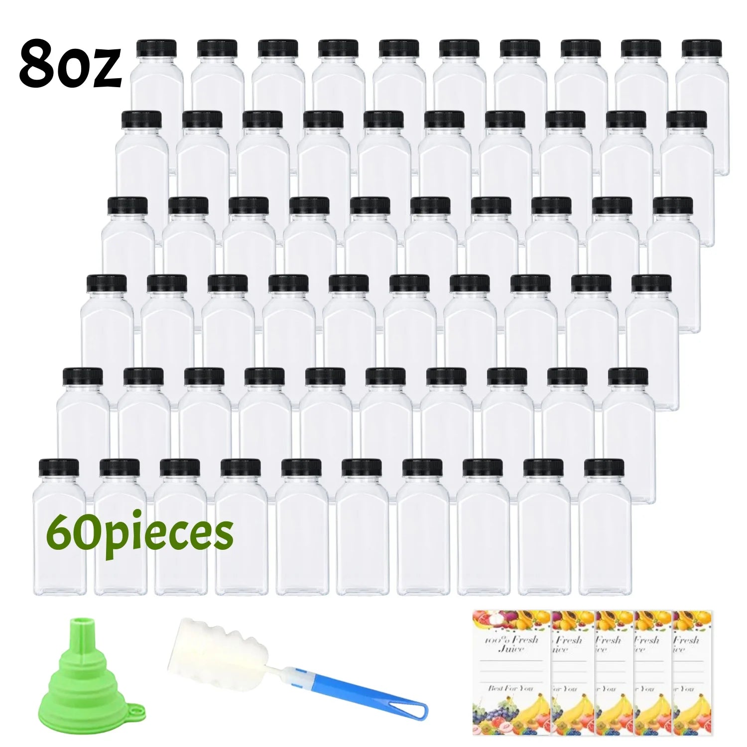 20-80pcs Plastic Juice Bottles 8/12oz Reusable Juice Bottles with Caps & Labels, Funnel, Brush ,Containers for Juicing Smoothies
