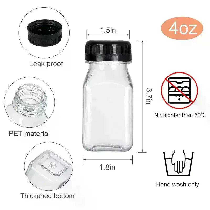 Drink Container 4Pcs Juice Bottles 120ml Empty Clear Coffee Milktea Square Plastic Bottle With Lid