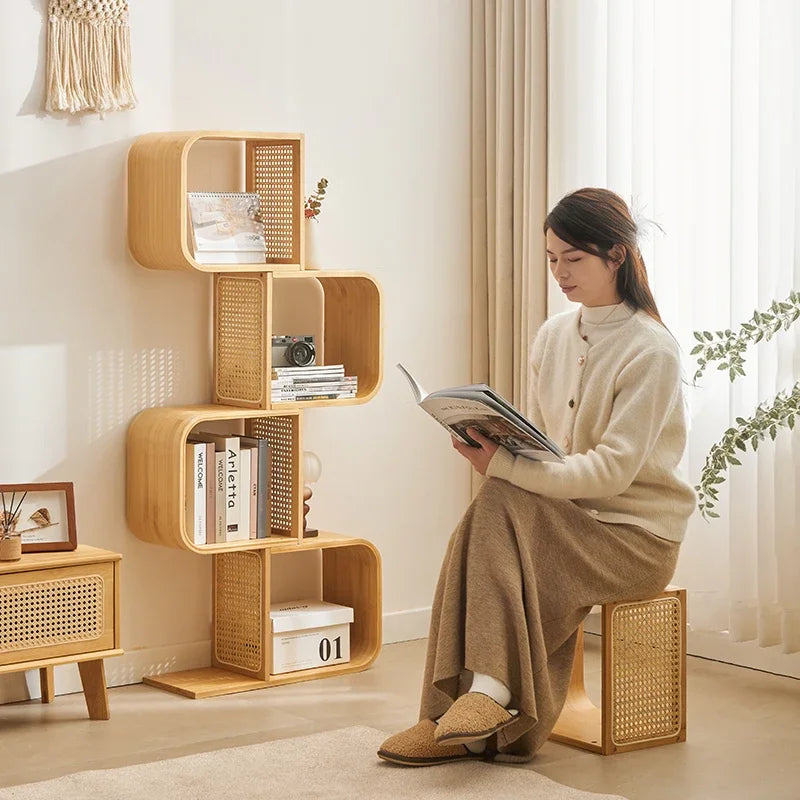 Creative Bamboo Bookshelf Multi-Layer Floor-Standing Storage Rack Wicker Bookcase Spacious Book Organizer for Living Room Home D
