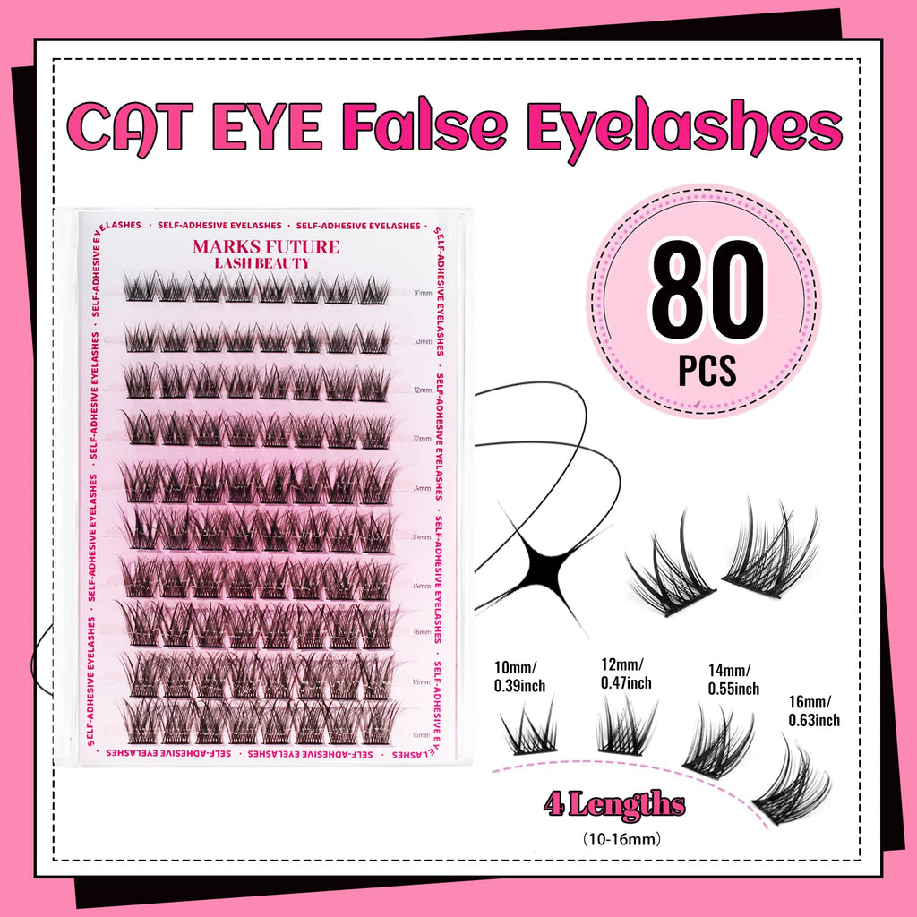 Self-Adhesive Eyelashes, 80 Pieces of Self-Adhesive Lash Clusters, 10-16 mm Mixed, Natural Look, Cat-Eye Ultra-Thin and Lightweight, Easy for Beginners to Use, D Curl, Self-Application at Home
