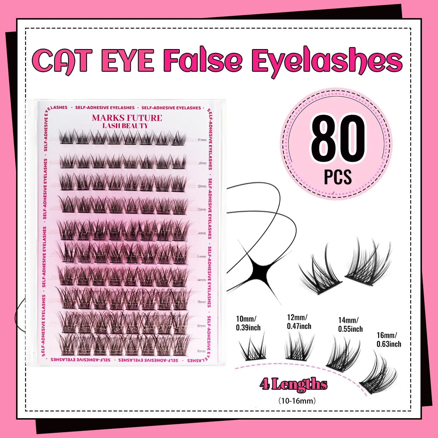 Self-Adhesive Eyelashes, 80 Pieces of Self-Adhesive Lash Clusters, 10-16 mm Mixed, Natural Look, Cat-Eye Ultra-Thin and Lightweight, Easy for Beginners to Use, D Curl, Self-Application at Home