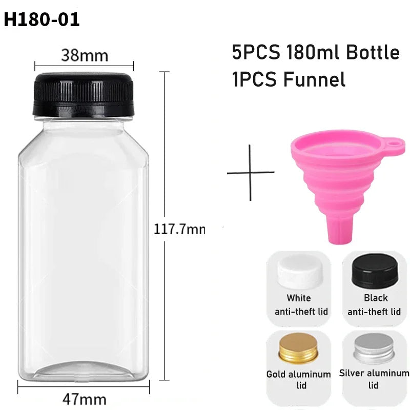 5pcs 60ML-500ML Empty Clear Plastic Juice Bottles with Caps W/ Funnel Reusable Water Bottle Containers for DIY Juicing Smoothie