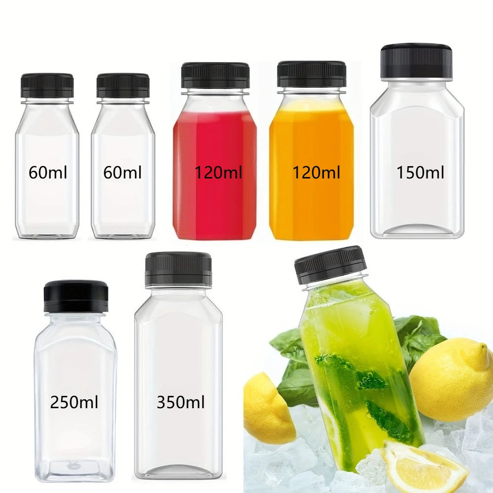 6pcs Reusable Transparent Plastic Juice Bottles with Lids, For Beverages, Smoothies, Milkshakes, Fridge Storage Containers