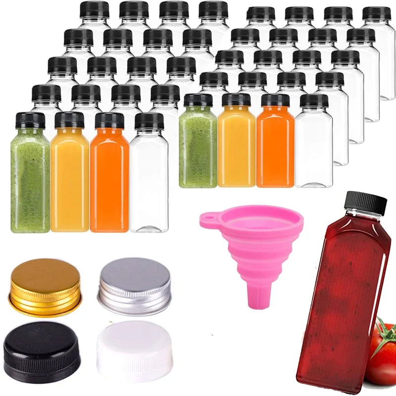 5pcs 60ML-500ML Empty Clear Plastic Juice Bottles with Caps W/ Funnel Reusable Water Bottle Containers for DIY Juicing Smoothie