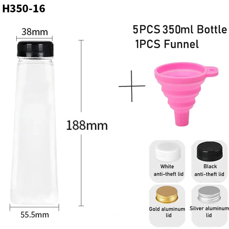 5pcs 60ML-500ML Empty Clear Plastic Juice Bottles with Caps W/ Funnel Reusable Water Bottle Containers for DIY Juicing Smoothie