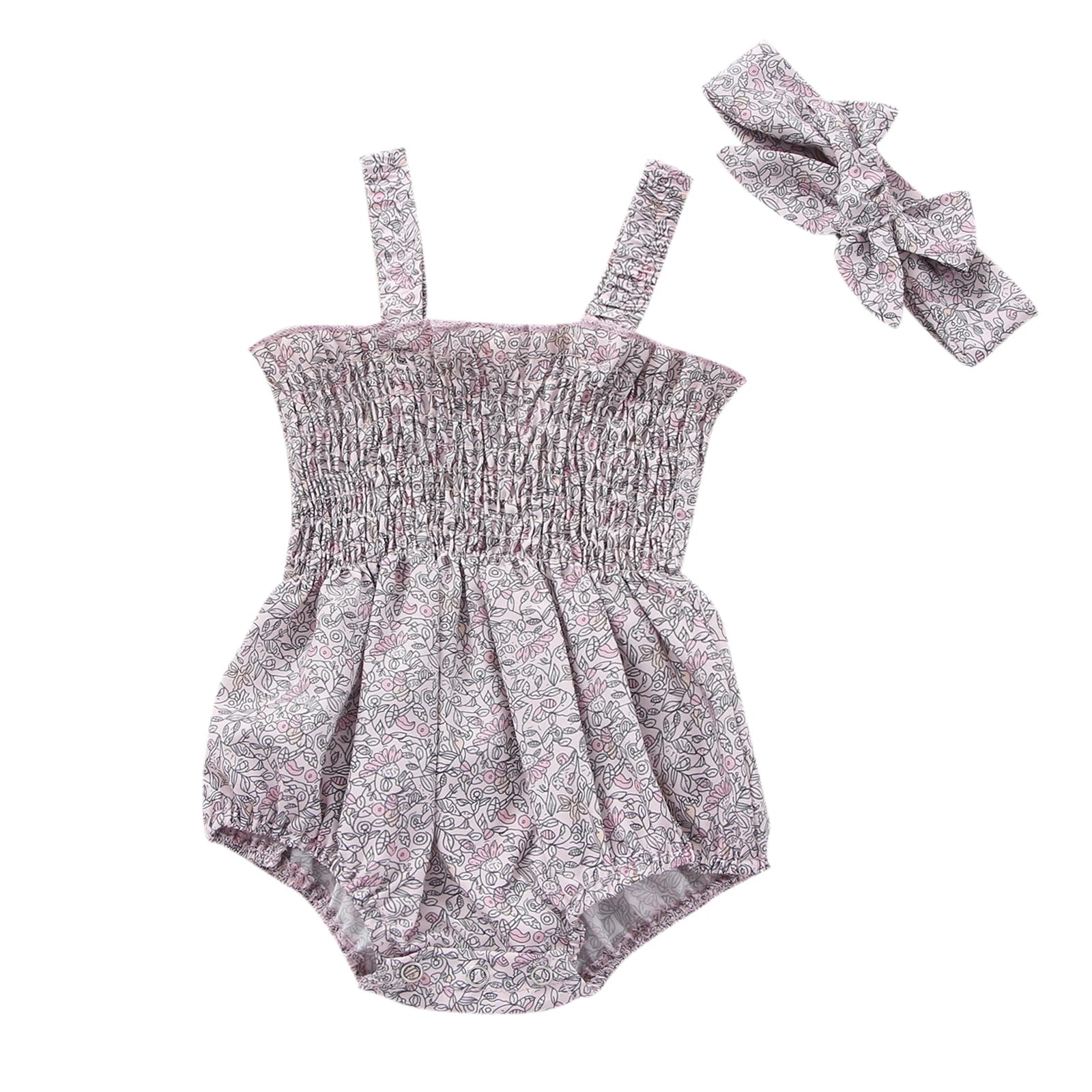 Infant Baby Girls 2Pcs Summer Outfits, Sleeveless Frill Smocked Strap Romper with Headband Set