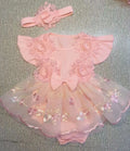 Baby Girl 2Pcs Summer Outfits Fly Sleeve Floral Embroidered Romper Tulle Dress with Headband Set
