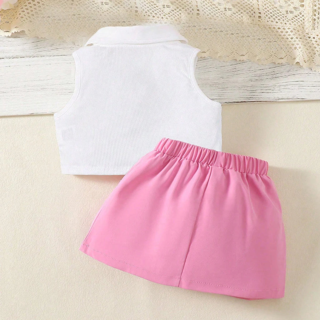 Young Girl POLO Neck Top With Pleated Elastic Waistband Skirt Summer Outfits , Summer