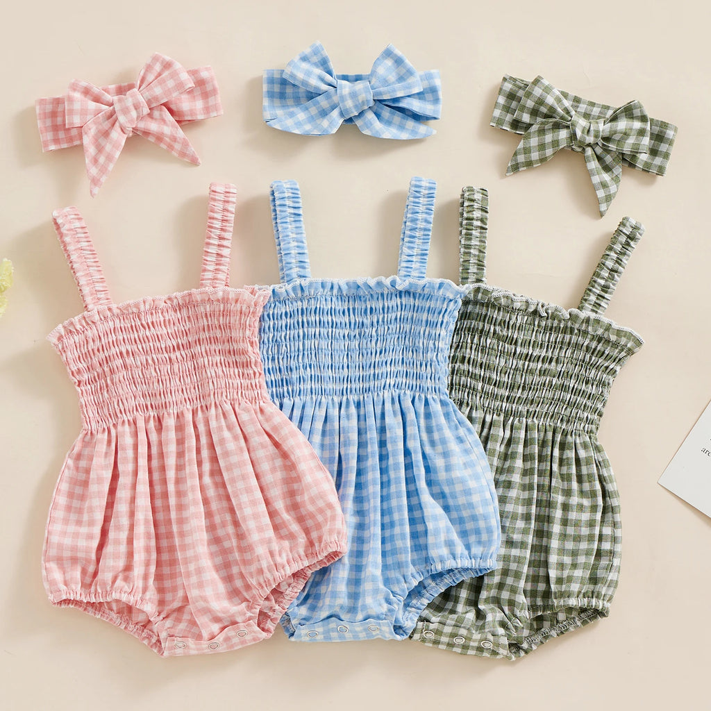 Infant Baby Girls 2Pcs Summer Outfits, Sleeveless Frill Smocked Strap Romper with Headband Set
