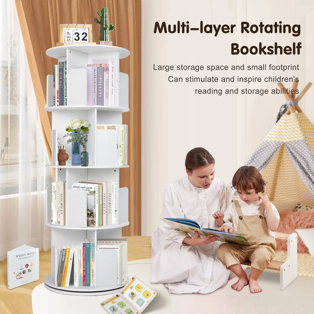 Floor-To-Ceiling Household Bedroom Small Book Storage Shelf Children'S Simple Bookshelf 360 Degrees Solid Wood Rotating Bookcase