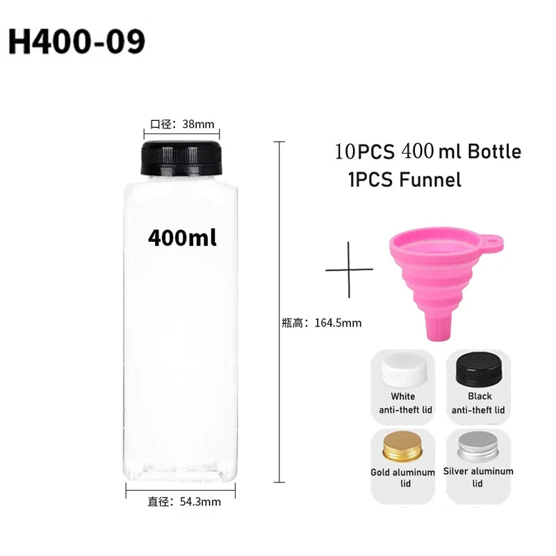 5pcs 60ML-500ML Empty Clear Plastic Juice Bottles with Caps W/ Funnel Reusable Water Bottle Containers for DIY Juicing Smoothie