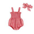 Infant Baby Girls 2Pcs Summer Outfits, Sleeveless Frill Smocked Strap Romper with Headband Set