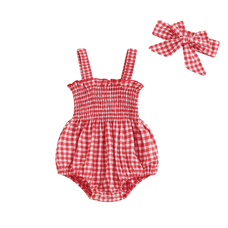 Infant Baby Girls 2Pcs Summer Outfits, Sleeveless Frill Smocked Strap Romper with Headband Set
