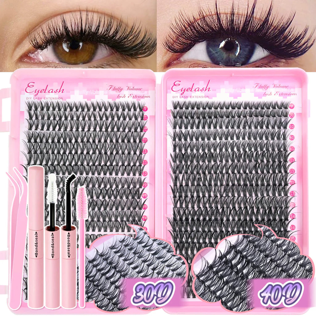 DIY Lash Extension Kit Clusters Individual Eyelashes Kit 9-16mm with Bond and Seal Wispy Natural Mange Lashes