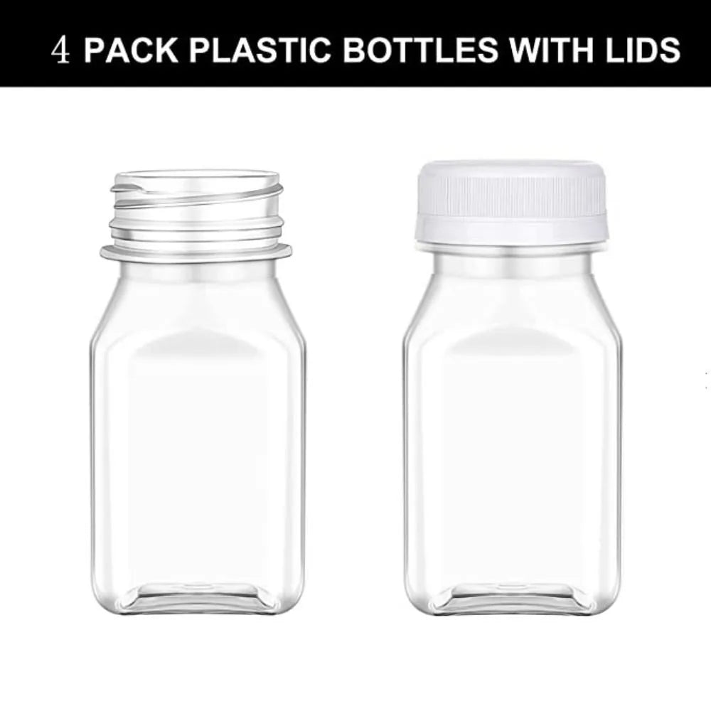 4 Pcs Plastic Juice Bottles New 120ML/150ML Transparent Clear Drink Containers Tamper Proof Lids Empty Square Bottle Milk