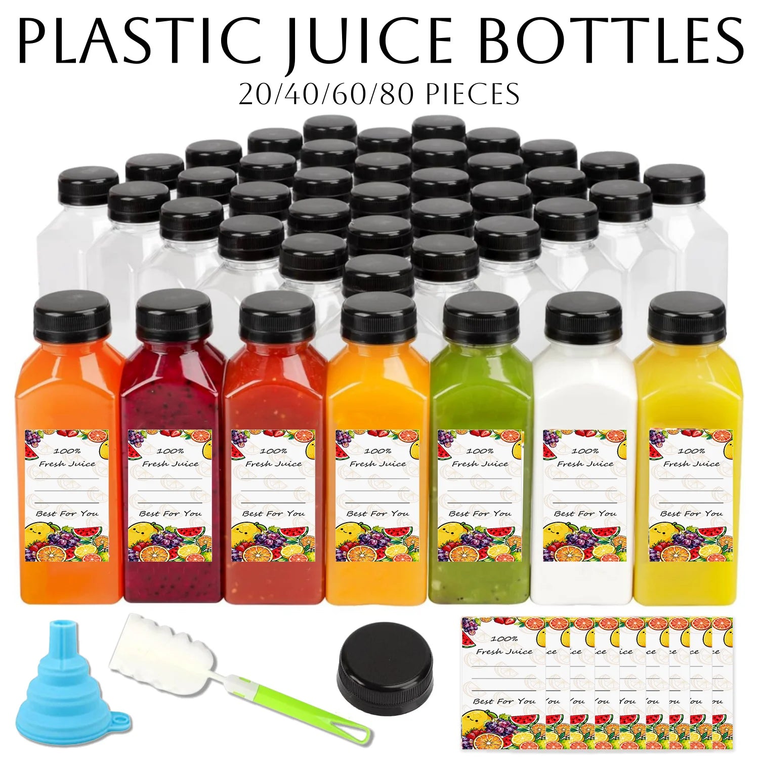 20-80pcs Plastic Juice Bottles 8/12oz Reusable Juice Bottles with Caps & Labels, Funnel, Brush ,Containers for Juicing Smoothies