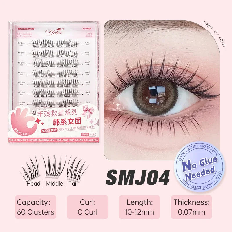 Yelix Self-adhesive Glue Free False Eyelashes Reusable DIY Segmented DIY Lashes Clusters No Glue Needed Natural Soft Lashes