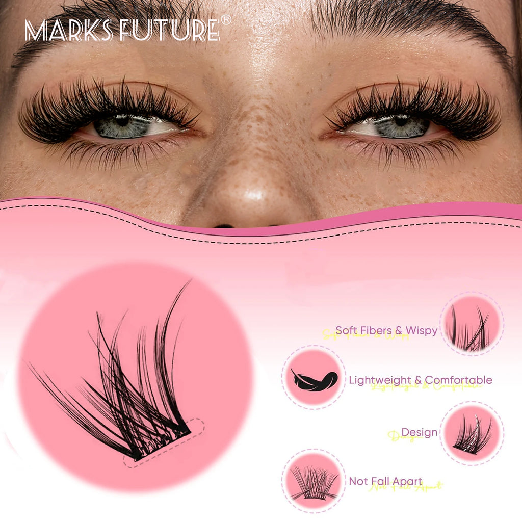Self-Adhesive Eyelashes, 80 Pieces of Self-Adhesive Lash Clusters, 10-16 mm Mixed, Natural Look, Cat-Eye Ultra-Thin and Lightweight, Easy for Beginners to Use, D Curl, Self-Application at Home