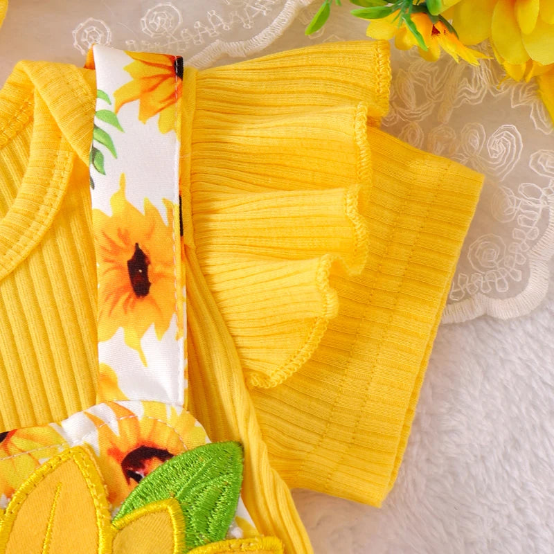Pudcoco Baby Girl Summer Outfits Short Sleeve Romper + Sunflower Suspender Skirt + Headband Set