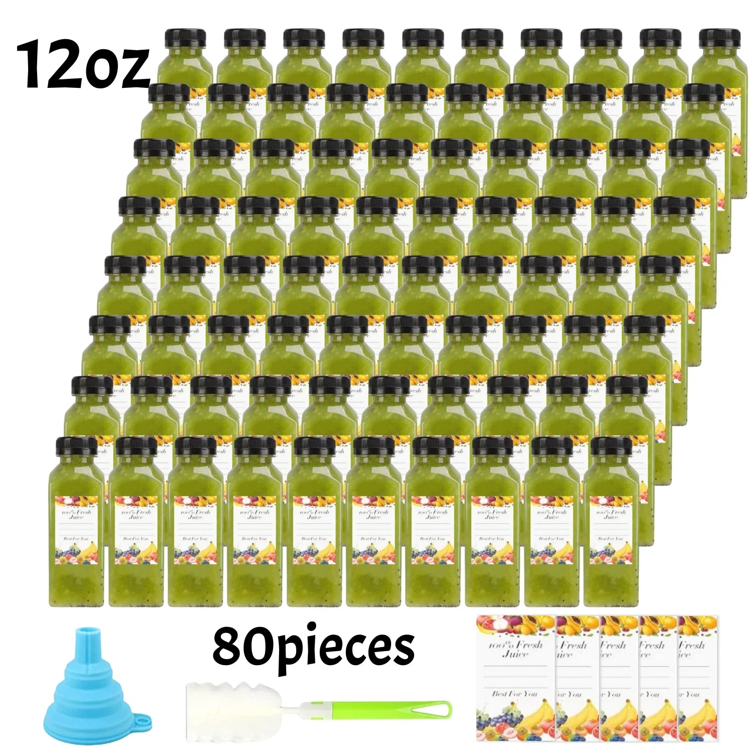 20-80pcs Plastic Juice Bottles 8/12oz Reusable Juice Bottles with Caps & Labels, Funnel, Brush ,Containers for Juicing Smoothies