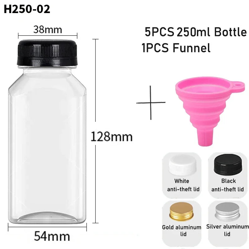 5pcs 60ML-500ML Empty Clear Plastic Juice Bottles with Caps W/ Funnel Reusable Water Bottle Containers for DIY Juicing Smoothie