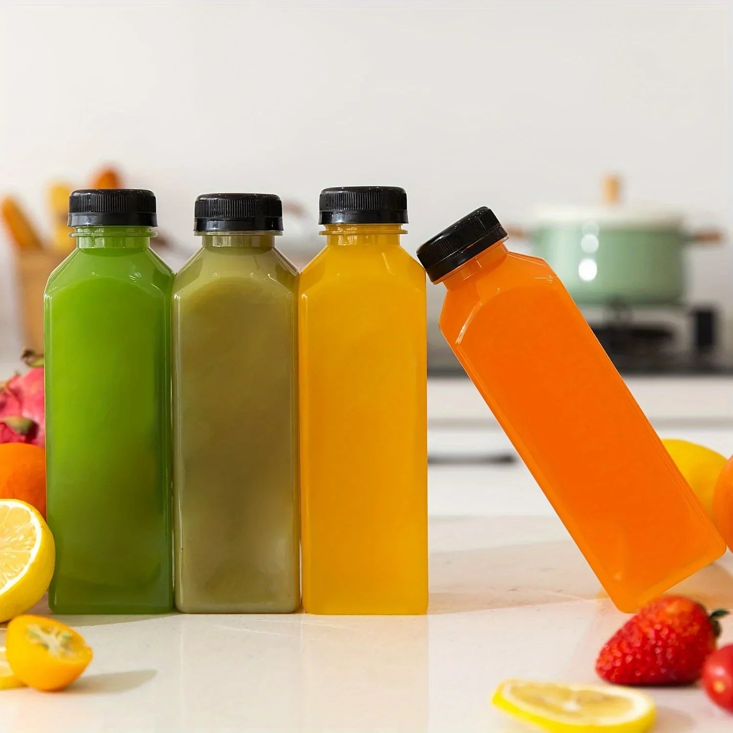 6pcs Leak-Proof Clear Plastic Juice Bottles-Perfect For Juicing, Smoothies, Milk Homemade and Other Beverages Portable for Out