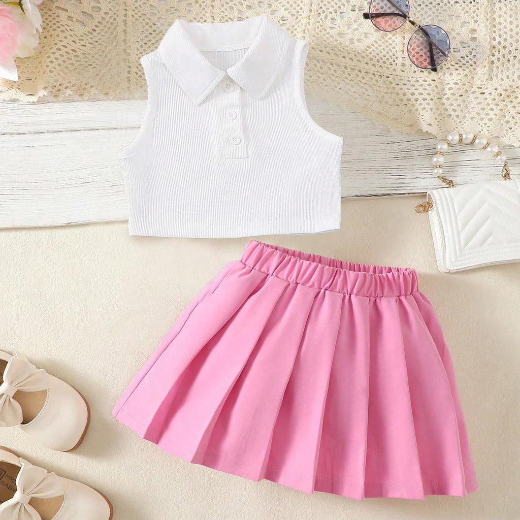 Young Girl POLO Neck Top With Pleated Elastic Waistband Skirt Summer Outfits , Summer