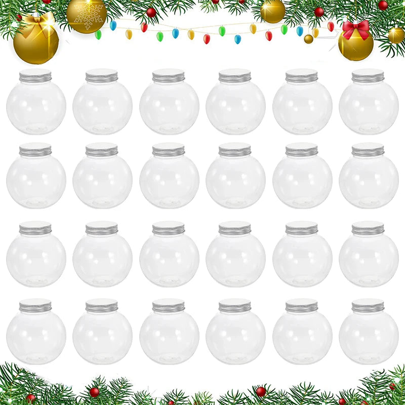 24 Pcs Christmas Candy Jar Juice Bottles Storage Clear Container Lid Packaging Ball Shaped Plastic Jars Treats Gift Box Drinks
