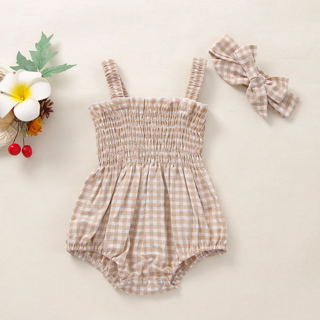 Infant Baby Girls 2Pcs Summer Outfits, Sleeveless Frill Smocked Strap Romper with Headband Set
