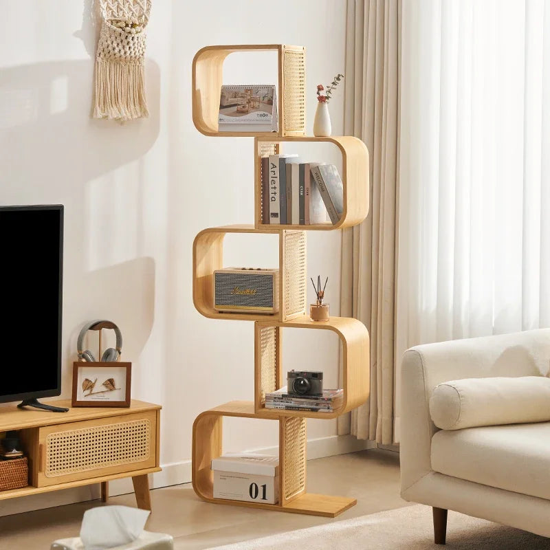 Creative Bamboo Bookshelf Multi-Layer Floor-Standing Storage Rack Wicker Bookcase Spacious Book Organizer for Living Room Home D