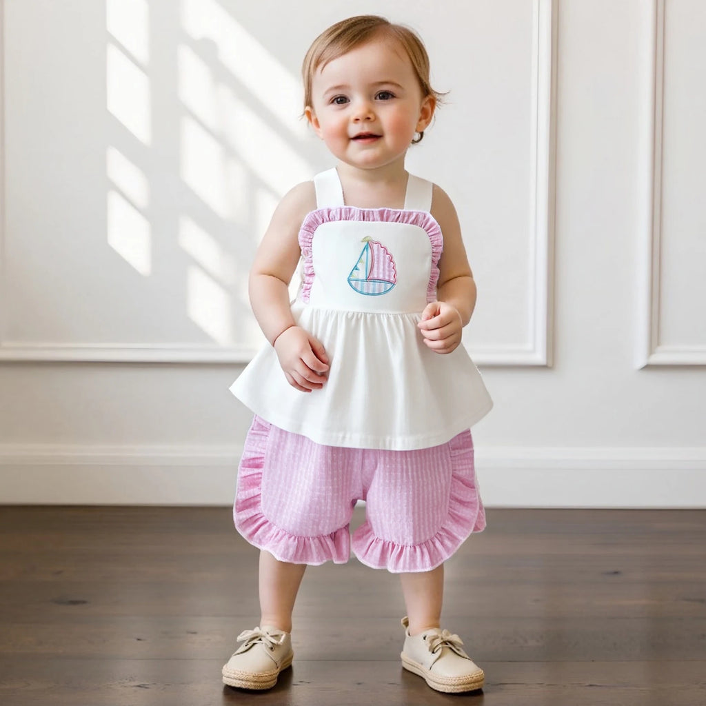 Lioraitiin Toddler  Baby Girl Summer Outfits Sleeveless Sailboat Embroidery Tank Tops Shorts Set Clothes