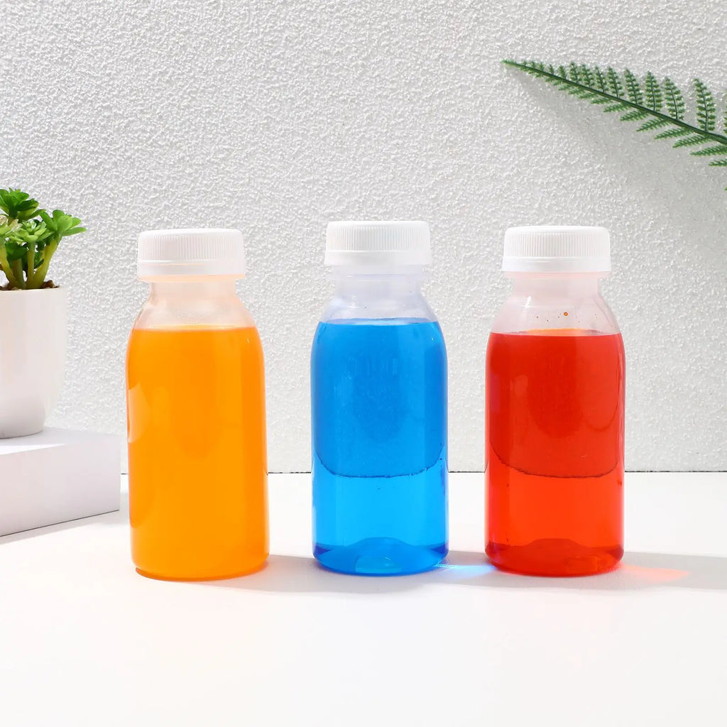 10pcs 200/250/300/350ml Plastic Juice Bottle Transparent Water Bottle PET Milk Beverage Bottle With Lid Camping Hiking Drinkware