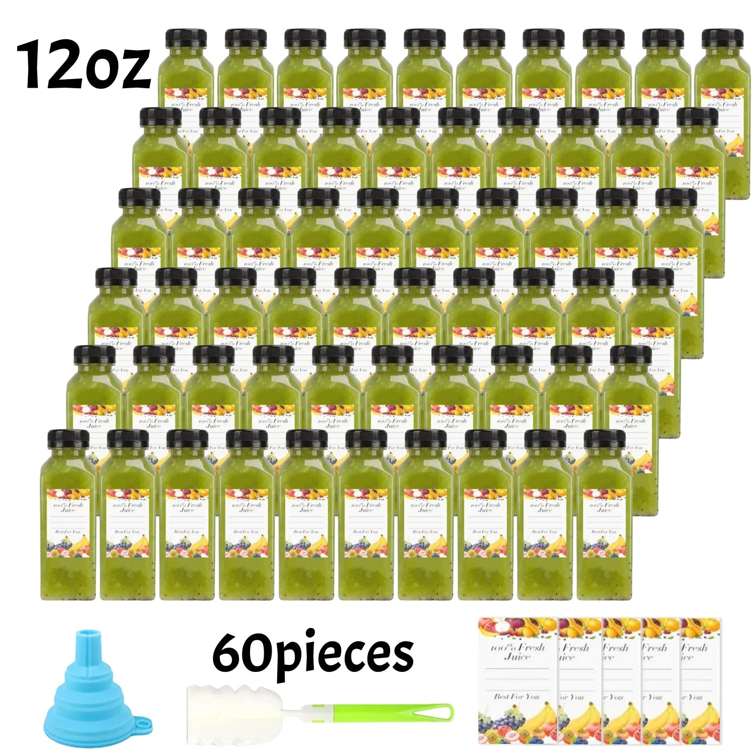 20-80pcs Plastic Juice Bottles 8/12oz Reusable Juice Bottles with Caps & Labels, Funnel, Brush ,Containers for Juicing Smoothies