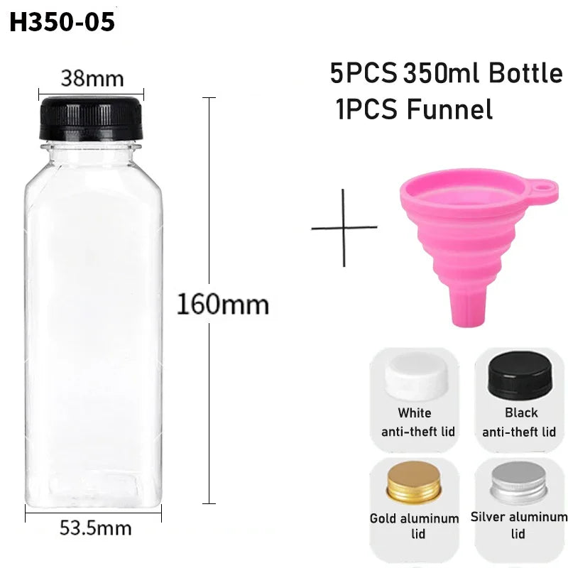 5pcs 60ML-500ML Empty Clear Plastic Juice Bottles with Caps W/ Funnel Reusable Water Bottle Containers for DIY Juicing Smoothie