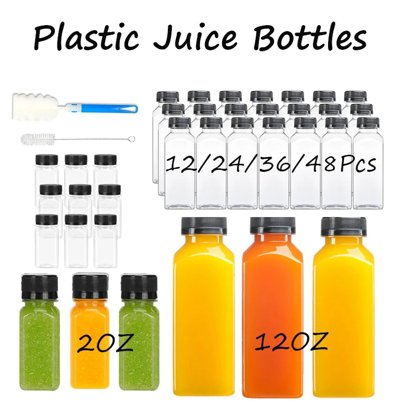12-48Pcs Plastic Bottles With Caps Reusable Juice Bottles Clear Smoothie Containers For Home Party Picnic Business 2oz/12oz