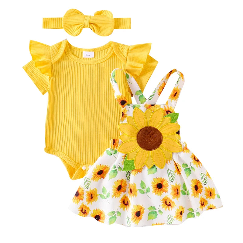 Pudcoco Baby Girl Summer Outfits Short Sleeve Romper + Sunflower Suspender Skirt + Headband Set